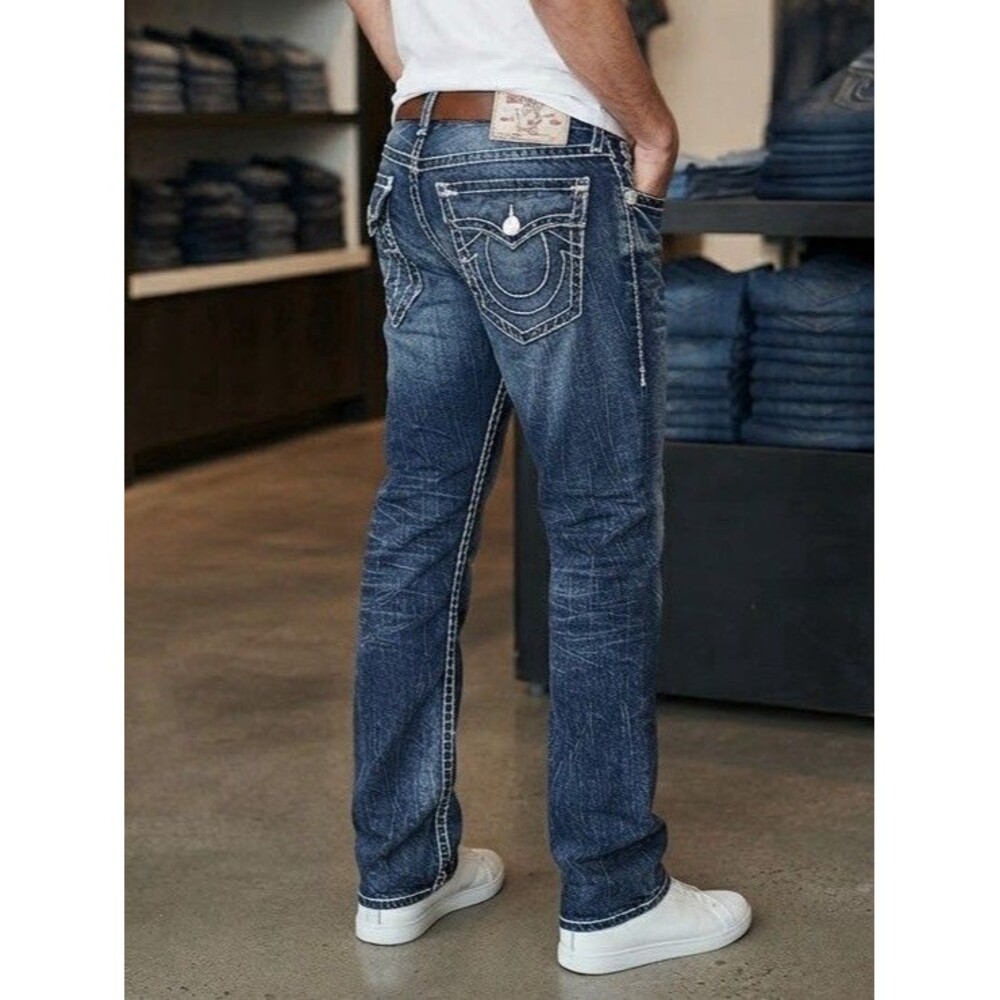 True Religion Mens Skinny Flap Natural Super T Jeans 44 Blue Distressed Thick
